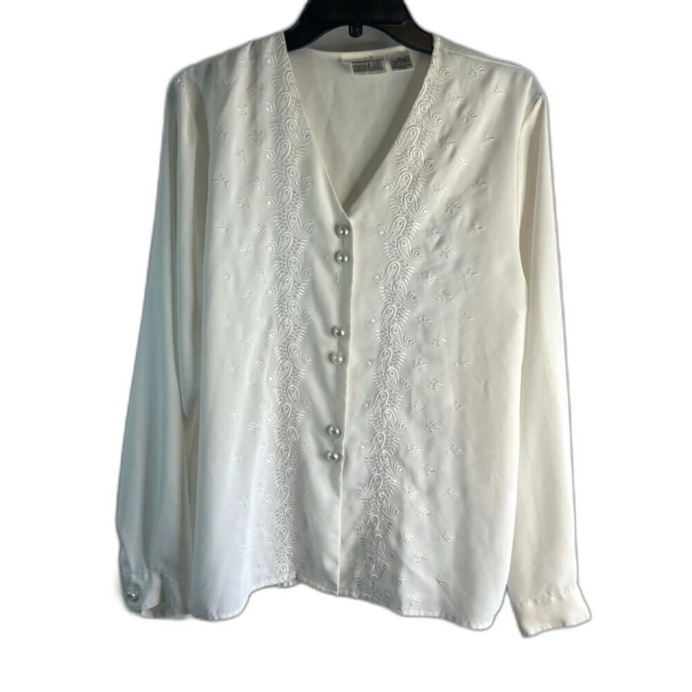 Christie & Jill Embroidered Pearl Button Long Sleeve Silky Vintage Blouse Sz 10